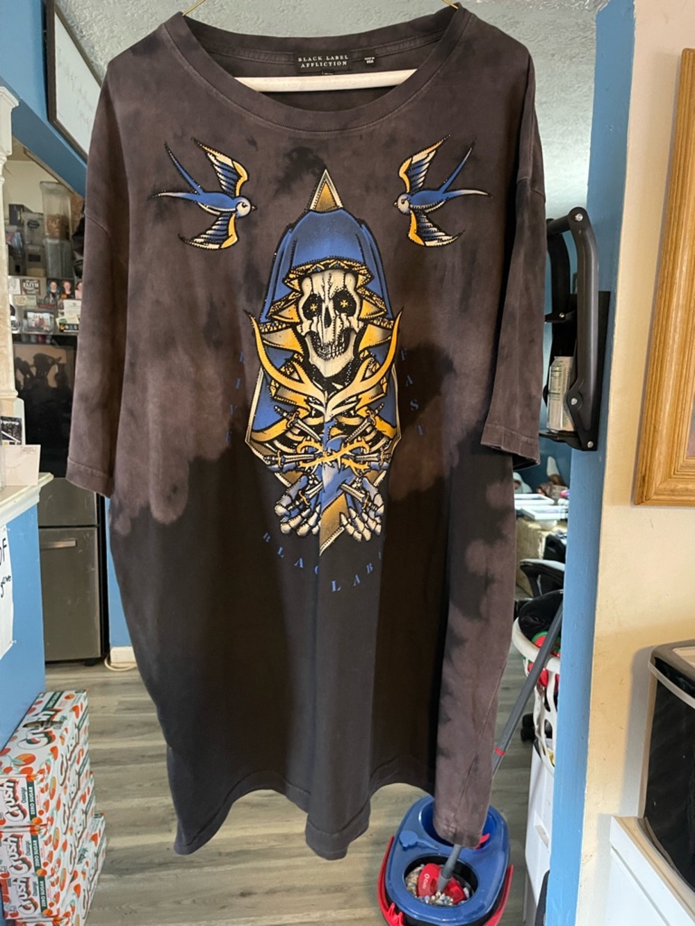 Affliction Black Tee with Blue and Gold Graphic